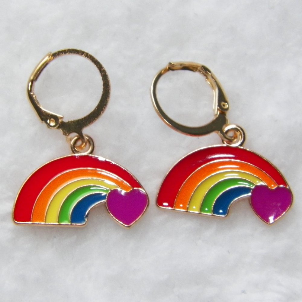Gay Pride Rainbow Heart Drop Earrings Huggie Hoops